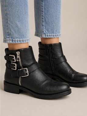 RUDSAK Black Leather Moto Boots - Triple Buckle Zip Ankle Booties - Size 39